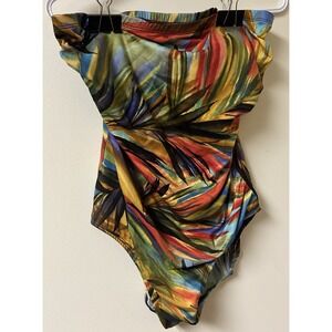 Longitude Women Swimsuit 14 Blue Red Yellow One Piece Strapless Tropical Leaves